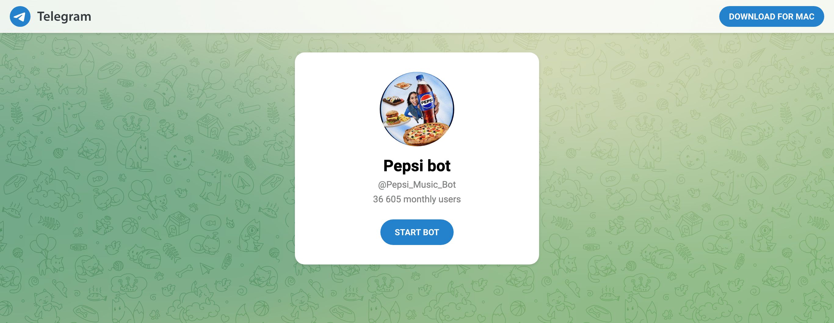 Telegram-сторінка бота Pepsi Music Bot для акції Їжа любить Pepsi
