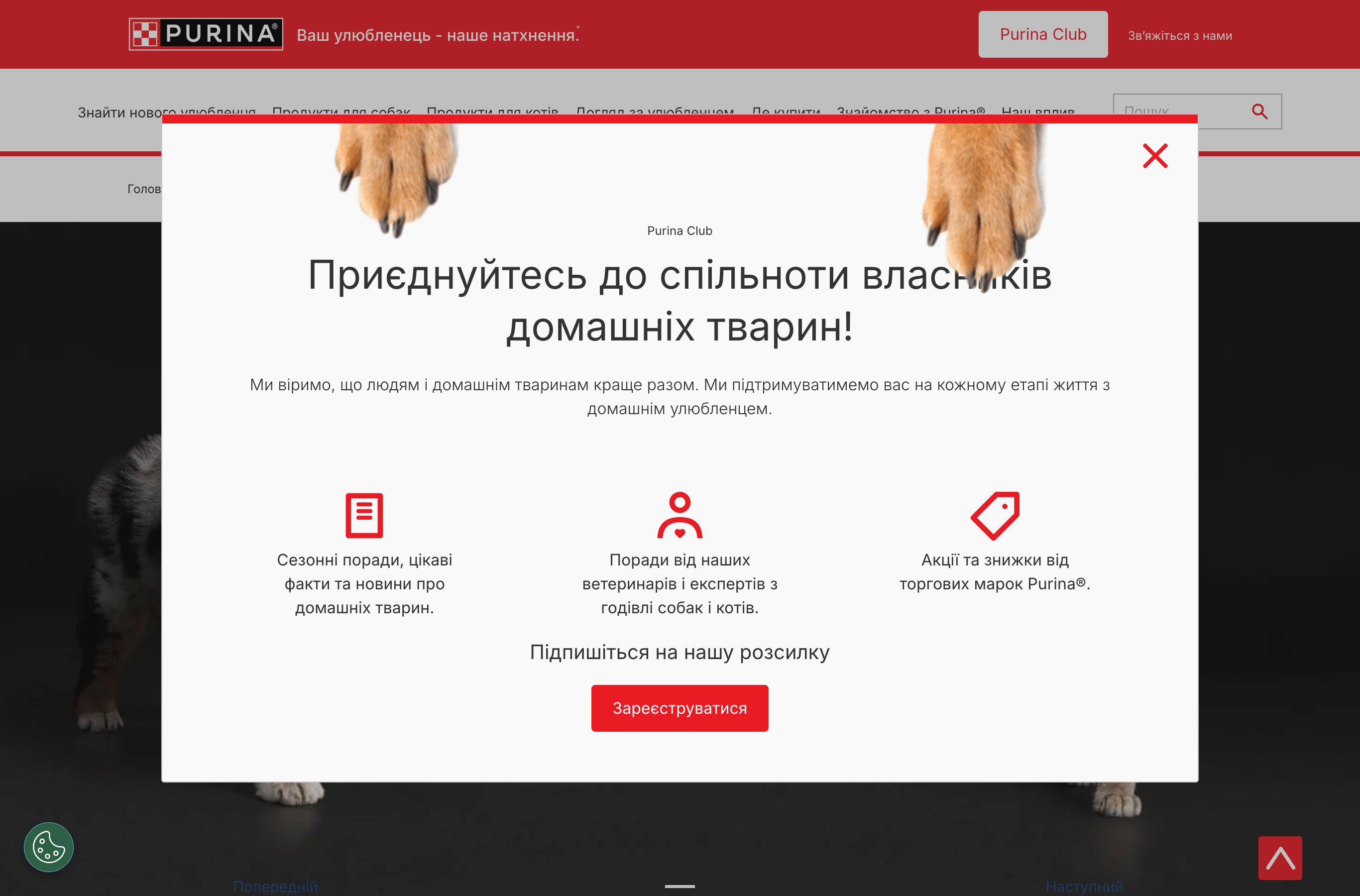 Сторінка акції PRO PLAN PRO START на сайті Purina